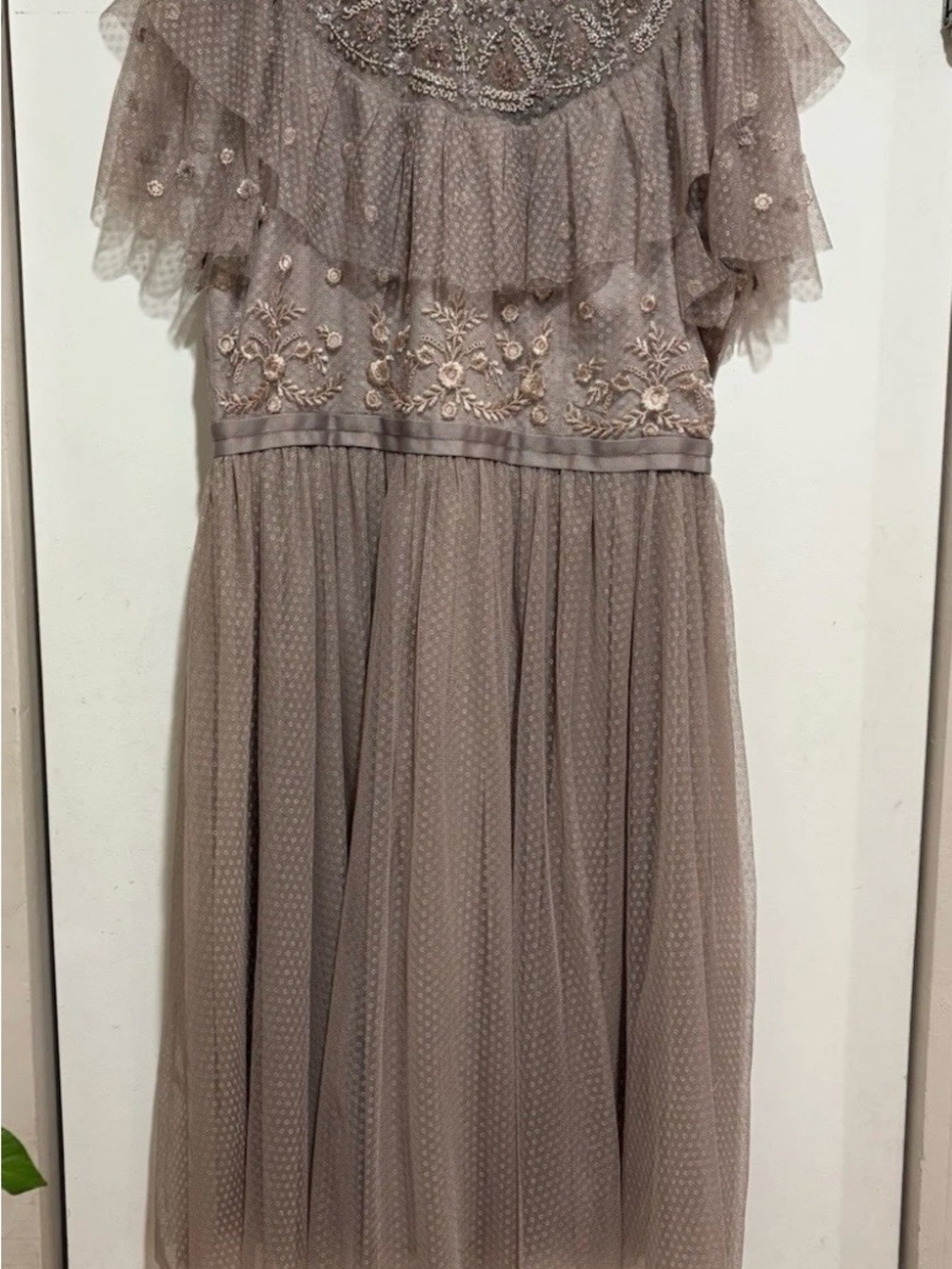 Needle & Thread Dusty Taupe Embroidered Tulle Dress